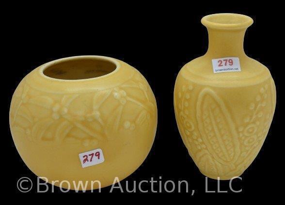 (2) Rookwood matte yellow pcs: #6444 bud vase, dated XXXV; #6545 rose bowl shape, dated XXXVII