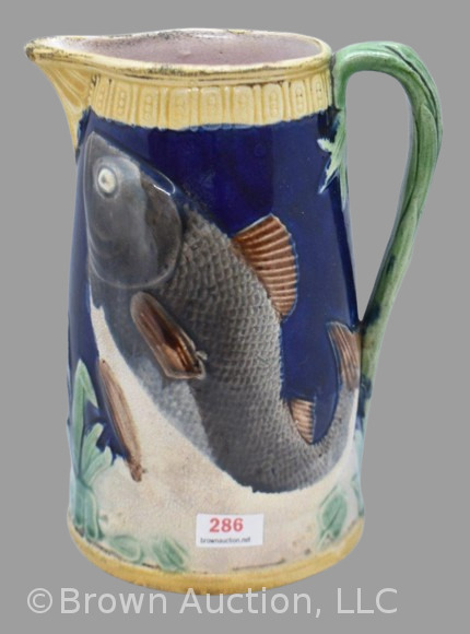 Majolica leaping fish 7.25" pitcher