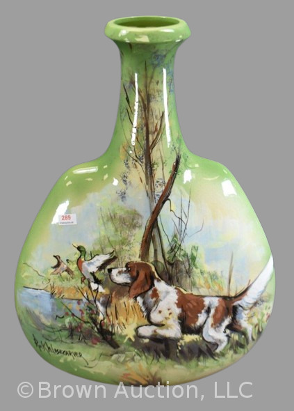 Sign Rick Wisecarver 17.5"h bottle-shaped "special/ 1997" vase with handpainted hunting scene