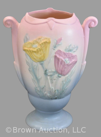 Hull Poppy 606-10.5" vase, pink/ blue