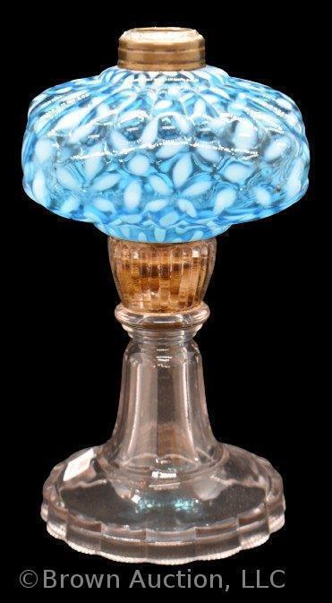 Blue opalescent Snowflake 8"h miniature oil lamp with clear scalloped base