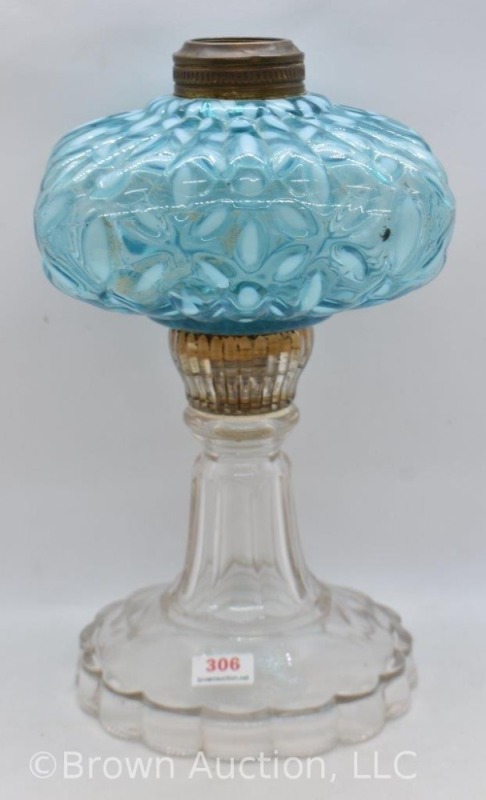 Northwood blue opalescent Snowflake kerosene lamp stand, 9" tall