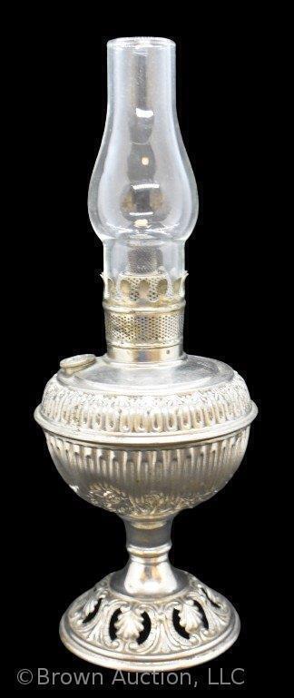 Mrkd. Bradley and Hubbard miniature oil lamp, ornately decorated base and font