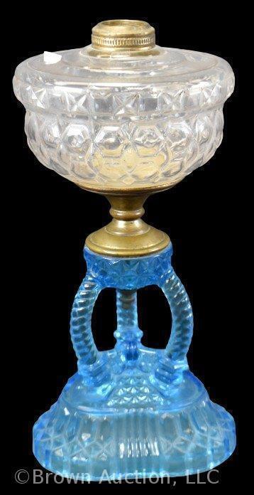 EAPG Cathedral kerosene lamp, blue base and clear font, 13" tall