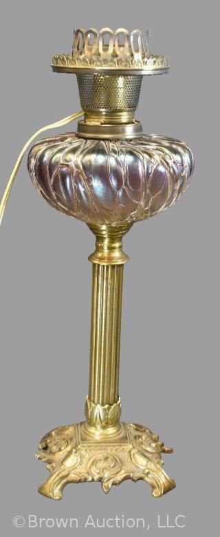 French oil lamp (electrified), 19 Rue Reaumur Paris - V.N. Siegel, with irid. Art Glass font, 17" to globe frame