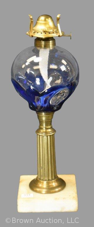 Blue cut-to-clear Tulip and Star kerosene lamp on marble base, 12" tall