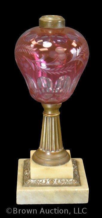 Cranberry overlay cut-to-clear kerosene lamp on marble base, 12" tall