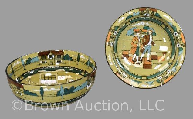 (2) Mrkd. Buffalo Pottery Deldare 9"d bowls: 2"h Ye Village Streets; 4"h Ye Village Tavern