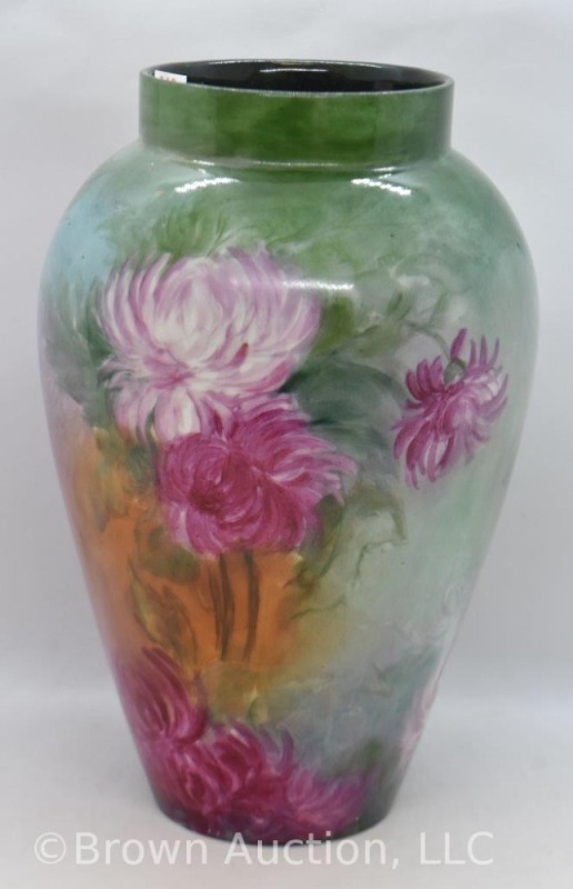 Limoges 9.25"h vase decorated with colorful flowers on green background, mrkd. B and Co. France