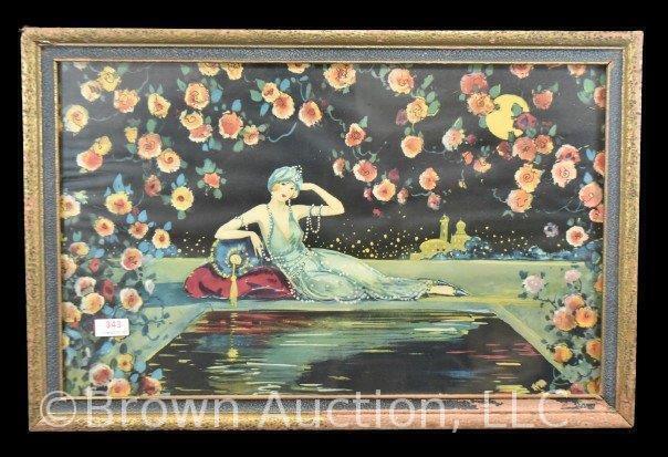 1920's Art Deco print by Marygold Tsanya with flapper girl sitting by reflective pool