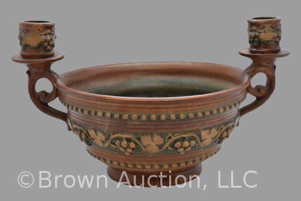 Mrkd. Weller Clarmont 9"d x 4.5"h bowl w/ attached candleholders and separate flower frog