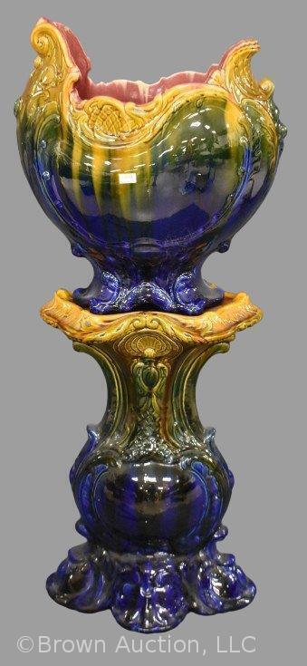 Scarce early Roseville Blended Majolica-style jardiniere and pedestal, unique shape, 17.5"h jardiniere with