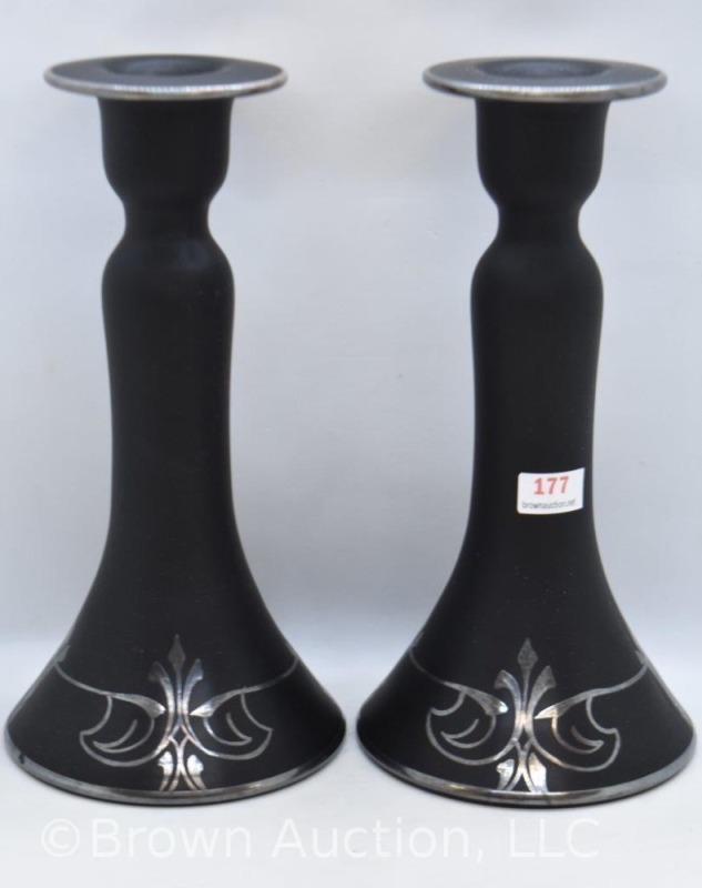 Pair of Black Tiffin Glass 8.5"h candlesticks with Art Deco silver overlay design