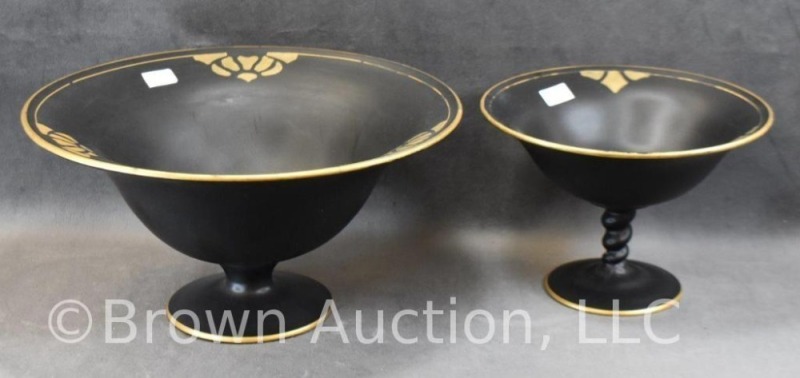 (2) Black Tiffin Glass pcs: 5.5"h x 10.5"d pedestal bowl; 5" compote with twisted stem, both have gold decorations