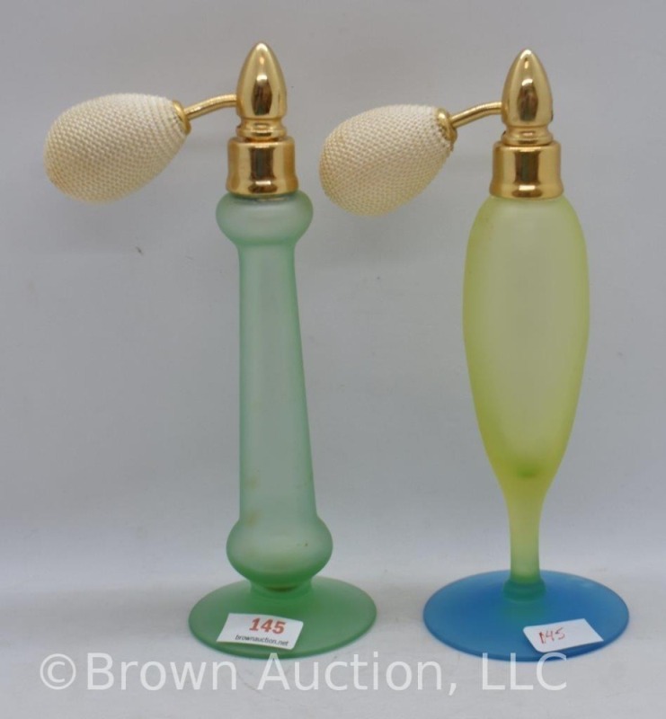 (2) Tiffin Glass perfumes with atomizers, 1-green, 1-vaseline w/ blue base