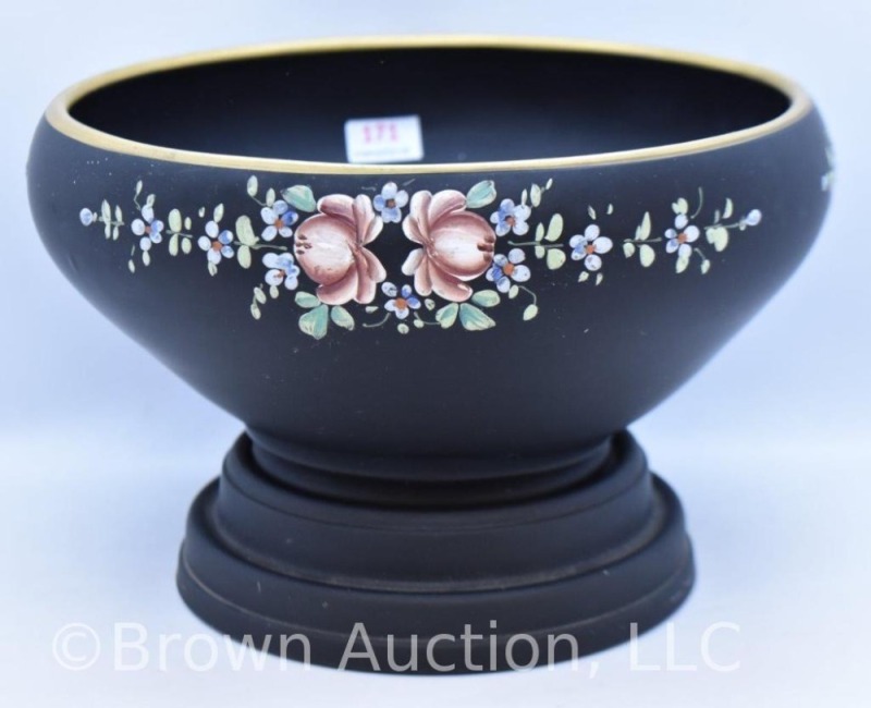 Black Tiffin Glass console bowl on separate base, decorated with enamelled pink and blue/ white flowers