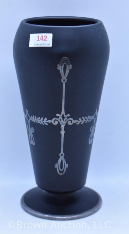 Black Tiffin Glass 8" vase with silver overlay Art Deco design