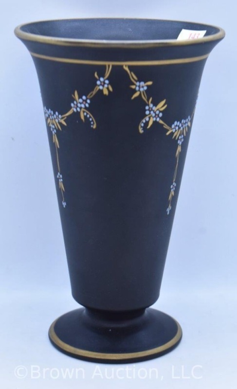 Black Tiffin Glass 8" vase, enamelled garlands of dainty blue flowers