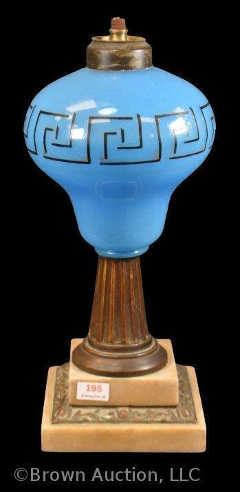 Kerosene lamp with blue font decorated with Greek Key design