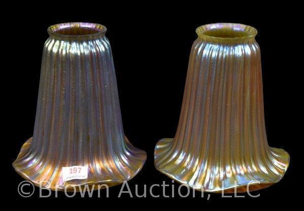 (2) Steuben Art Glass 5.25"h gold aureen ribbed lamp shades