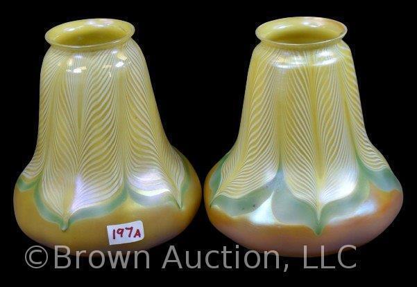 (2) Quezal Art Glass 5.25"h pulled feather design lamp shades, signed