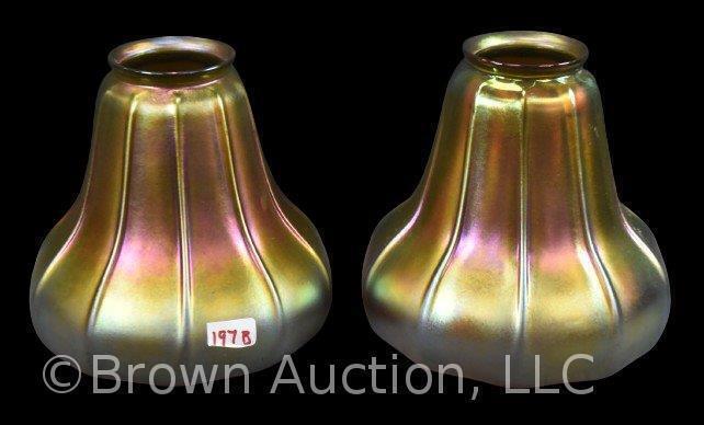 (2) Mrkd. Steuben Art Glass 5.5"h gold irid. lamp shades