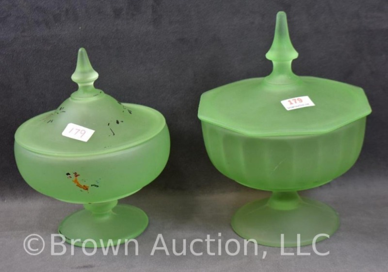 (2) Tiffin Glass cov. candy dishes, green, 6.5" and 7" tall