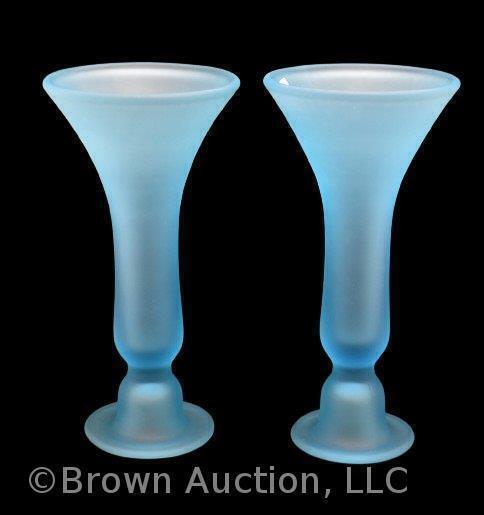 Pair of Tiffin Glass 8.5"h trumpet-shaped vases, blue