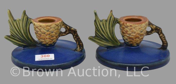 Pair of Roseville Pine Cone 112-3" candleholders, blue