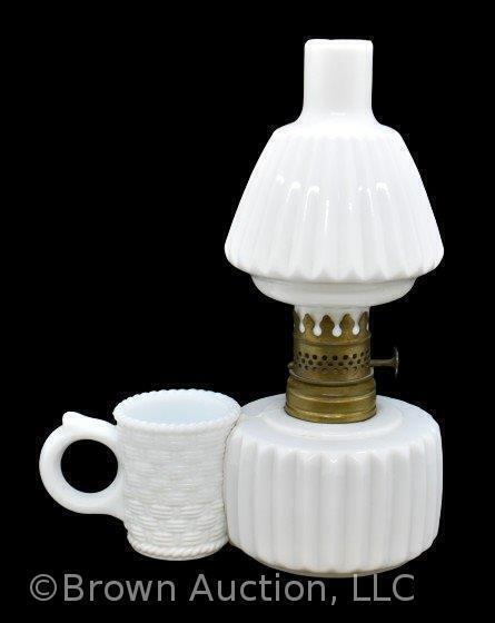 Milk Glass match-holder miniature oil lamp, match-holder in basketweave pattern