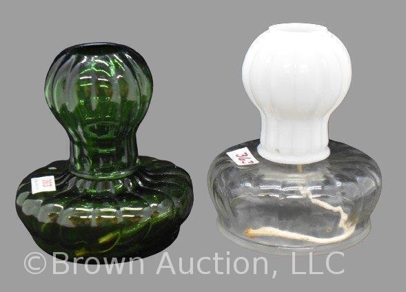 (2) Glow lamps, 4.5" tall: 1-green; 1-clear base w/ milk glass shade