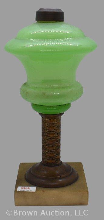 Kerosene lamp, 10" tall, green glass font, metal stem on marble base