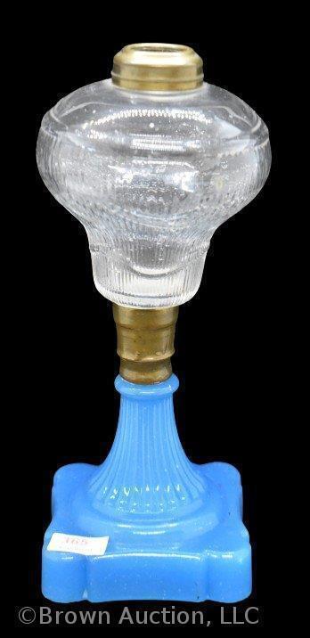 Kerosene lamp, 9" tall, clear glass font with brilliant blue base