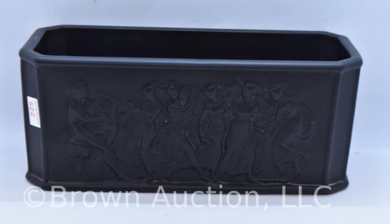 Black Tiffin Glass rectangular-shaped planter with embossed semi-nude musicians and dancing ladies