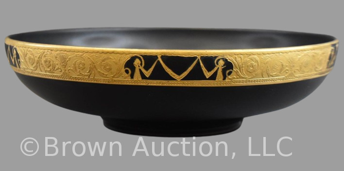 Black Tiffin Glass console bowl with gold Art Deco wide border band on separate ftd. base