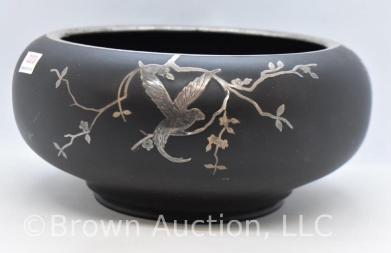 Black Tiffin Glass centerpiece bowl w/ silver overlay design of parrots on branches