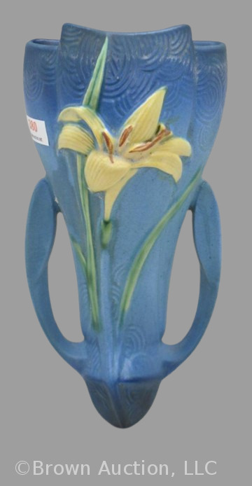 Roseville Zephyr Lily 1297-8" wall pocket, blue