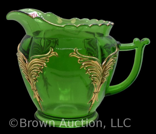 EAPG Heisey Winged Scroll 7.5"h pitcher, emerald green with gold