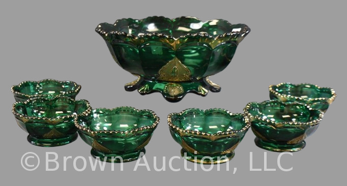 EAPG Northwood Leaf Medallion 7 pc. berry set, emerald green with gold