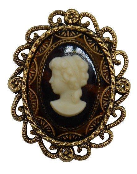 Vintage lady cameo brooch, ivory on amber and brown, gold scroll frame