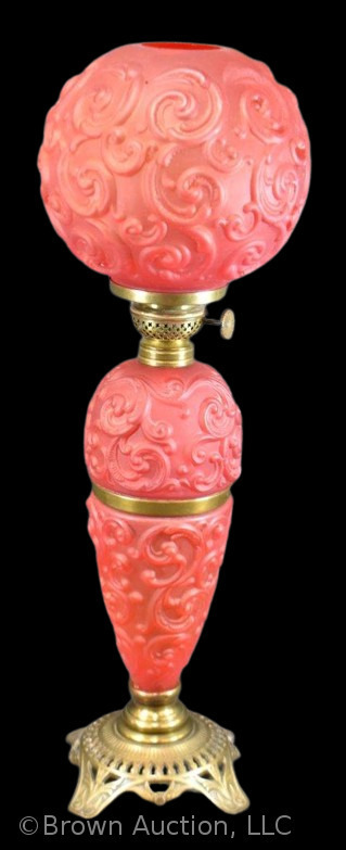 Victorian red satin glass Scroll and Fleur-de-Lis 10" kerosene lamp