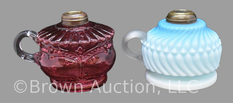 (2) Art Glass 4" tall finger lamps: 1-cranberry King's Crown; 1-blue satin