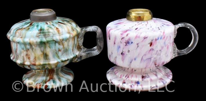 (2) Art Glass 4.5" tall finger lamps, both colorful End of Day spatter glass