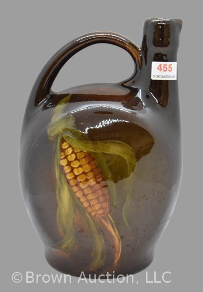 J.B. Owens 7.5" jug, Utopian dark brown with ear of corn decoration