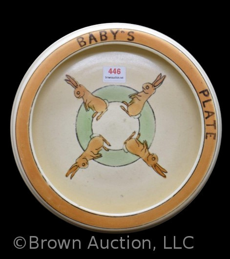 Roseville "Baby's Plate", 8"d, standing rabbits