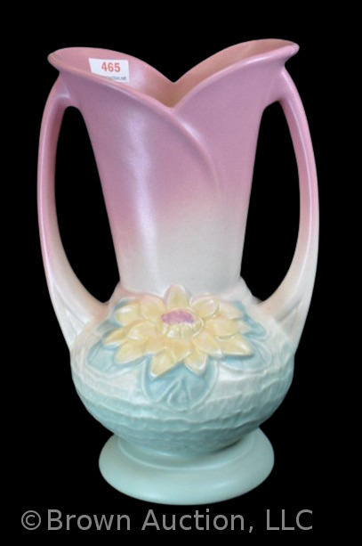 Hull Water Lily L-10-9.5" vase, pink/ green