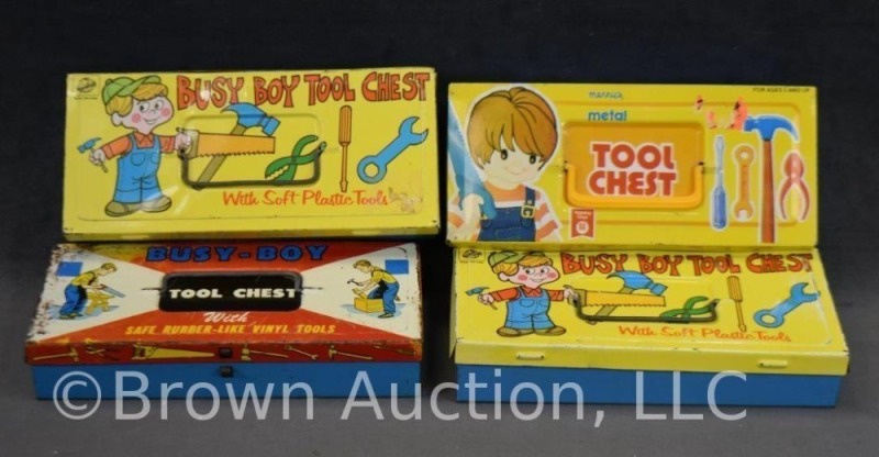 (4) Busy Boy miniature child's tin-litho tool chests
