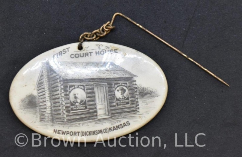 Oval lapel pin - First Court House, Newport, KS (Dickinson Co.) 3"l