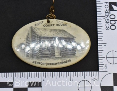 Oval lapel pin - First Court House, Newport, KS (Dickinson Co.) 3"l - 3