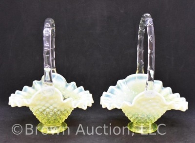 (2) Fenton Hobnail baskets, canary yellow opalescent, 7" to top of handle